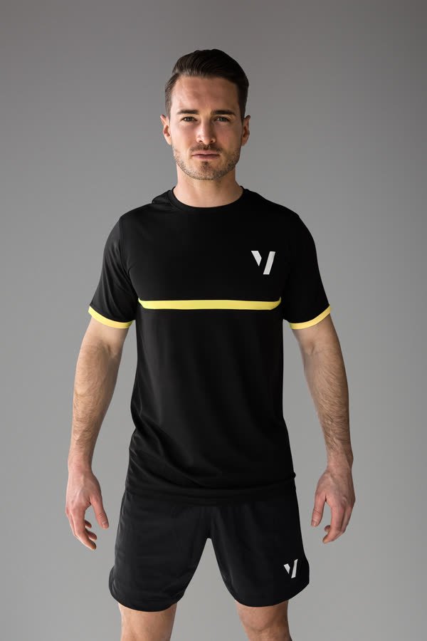 Andreas Schmid, tennis wear campaign, black T-shirt with a yellow stripe